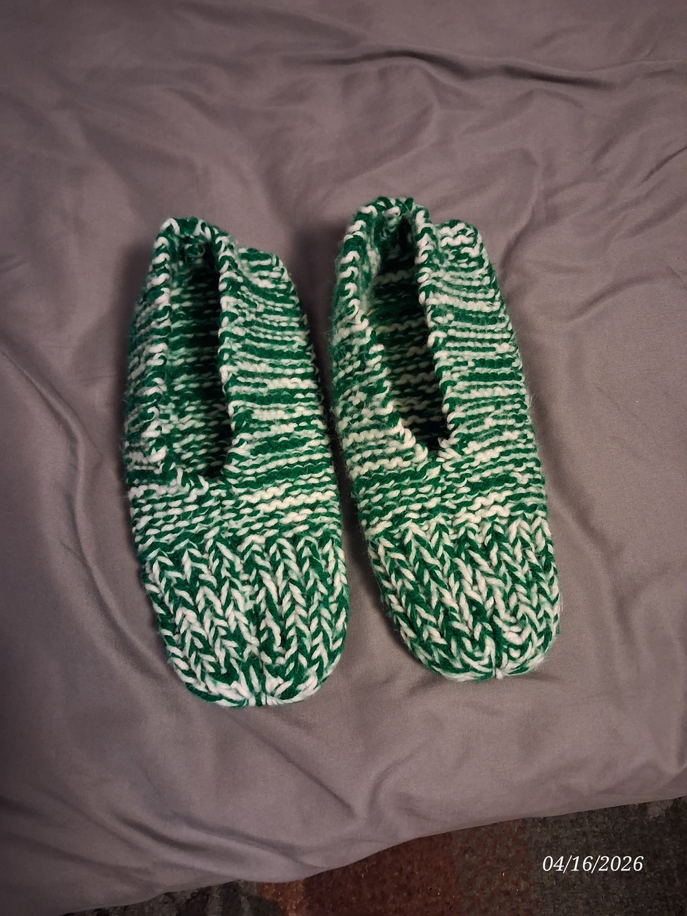 Hand Crafted Green and White Knitted Women's Slippers